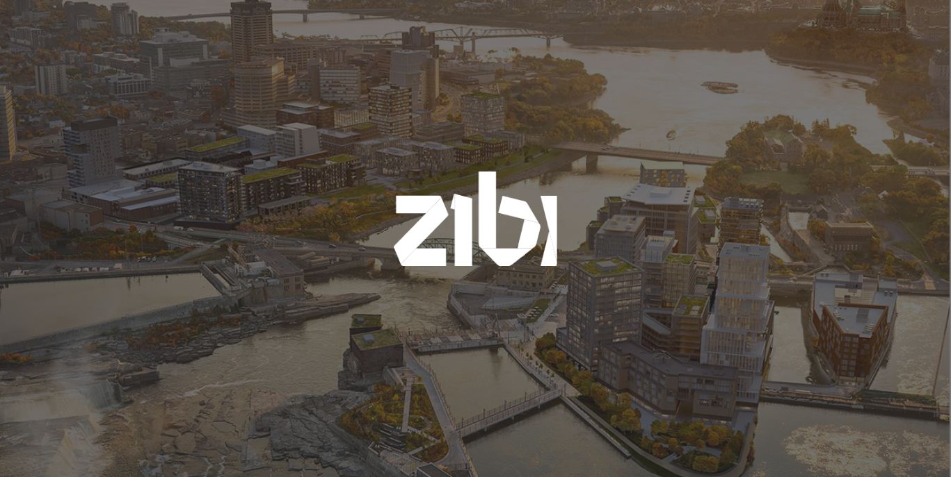 Zibi Logo with a backdrop of city overview